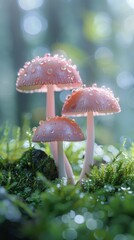 A close-up of a group of pink mushrooms in the forest.