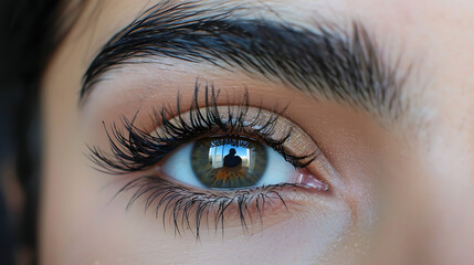 Beautiful female eyes with long eyelashes, closeup. Generative AI illustration  - obrazy, fototapety, plakaty
