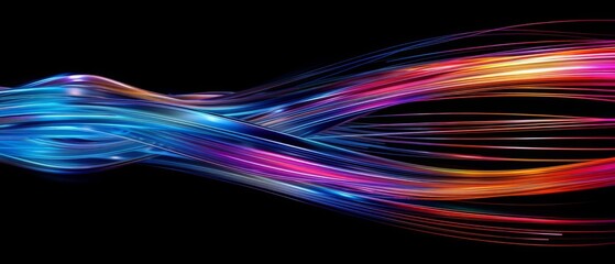 Fototapeta premium 3d render of a glowing and twisting multicolored ribbon against a black background.