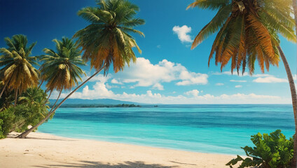 Tropical beach with palm trees and sea in summer.