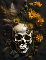 Front facing view of a human skull surrounded by wildflowers on dark background