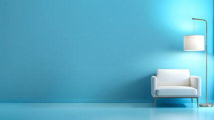 A white chair sits in front of a blue wall
