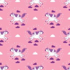 Vector seamless pattern of magical unicorns in the sky among fluffy clouds. Hand drawn illustration of unicorns and clouds on a pink starry sky background