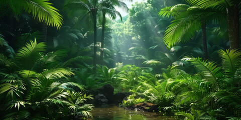 green tropical jungle forest  with ferns and giant trees,  mystery and adventure.nature background