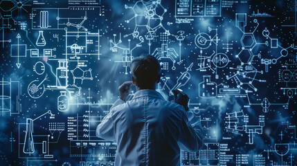 scientist chemist biologist exploring the details of a hybrid working model of a drug, against the background of diagrams and formulas of organic chemistry for medical purposes. creating new medicines