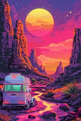 Retro futuristic landscape with a van driving through a canyon at sunset.