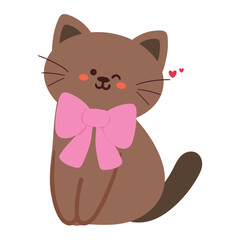 hand drawing cartoon cat wearing ribbon. cute animal doodle