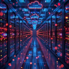 Rows of high-tech data servers adorned with cloud logos, illuminated by red and blue lights, showcase cloud server technology