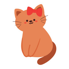 hand drawing cartoon cat wearing ribbon. cute animal doodle