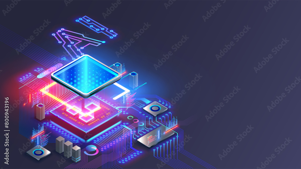 Poster Processor with integration AI. AI Letters on chip. CPU connected to motherboard . Artificial intelligence technology in electronic chip on pcb board. Hardware tech conceptual background. 3d Vector.