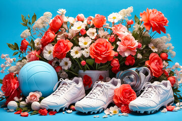 Collage of sports equipment and flowers