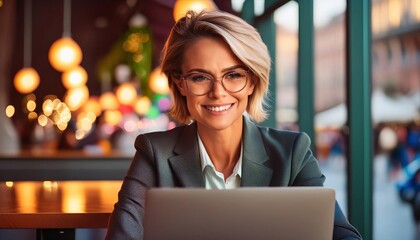 businesswoman using laptop while sitting in coffee shop