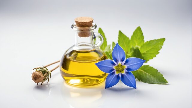 bottle of borage oil on plain white background from Generative AI
