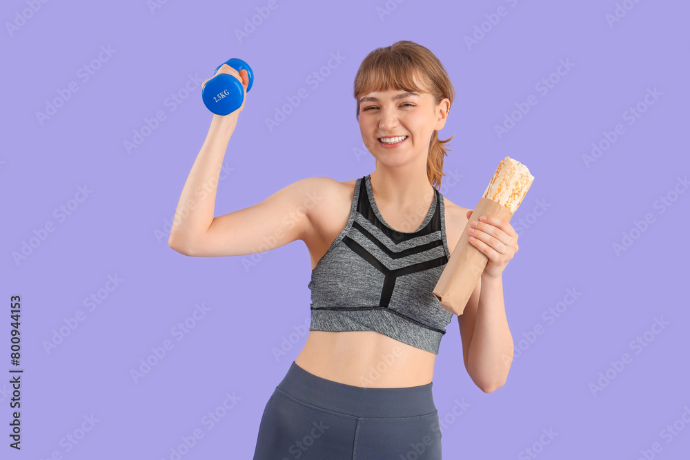 Sticker sporty young woman with doner kebab and dumbbell on lilac background