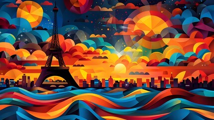 Colourful Abstract Eiffel Tower background. Vibrant pop art, Eiffel Tower in paris city skyline, high-coloured sunset river landcape. 3d modern artdigital illustration, contemporary wall deco cartoon.
