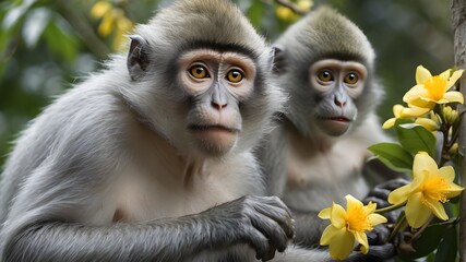 Obraz premium Silvery or silver leaf Trachypithecus cristatus, the lutung monkey, reaches out to grab a yellow blossom for consumption.