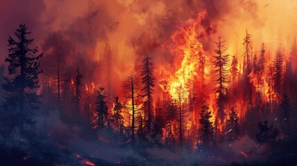 Forest fire, burning trees, forest destruction, silhouette, natural disaster. Nature protection concept.