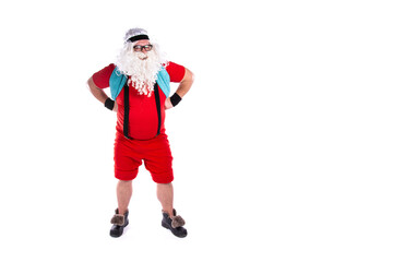 Funny fat Santa Claus is doing sports. White background.