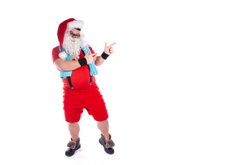 Funny fat Santa Claus is doing sports., White background.