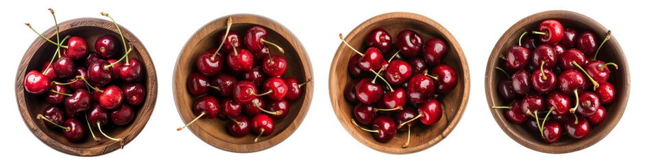Bowl of fresh Red cherries. Top view, png set