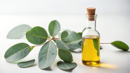 bottle of eucalyptus oil on plain white background from Generative AI