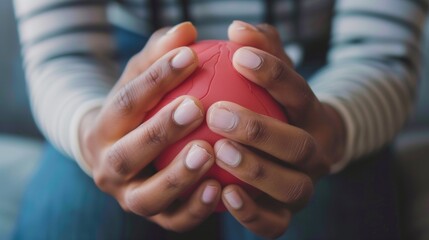 A close-up of hands clutching a stress ball tightly, veins visible from the pressure.