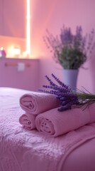 calming and cozy spa environment with pink hues and lavender accents