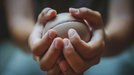 A close-up of hands clutching a stress ball tightly, veins visible from the pressure.