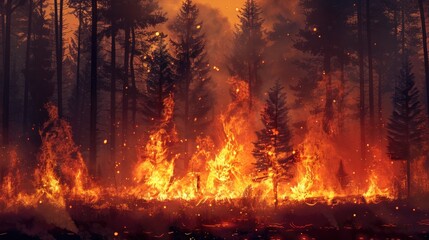 Forest fire, burning trees, forest destruction, silhouette, natural disaster. Nature protection concept.