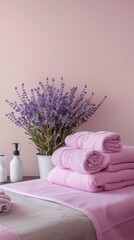 serene spa setting with lavender and soft pink towels for relaxation