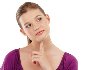 Girl, thinking and studio or touching chin with idea on white background, isolated and teenager....