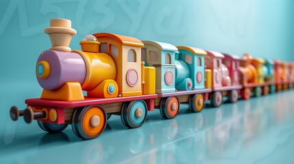 A 3D render of a classic wooden train set, with brightly colored cars on a vivid blue background