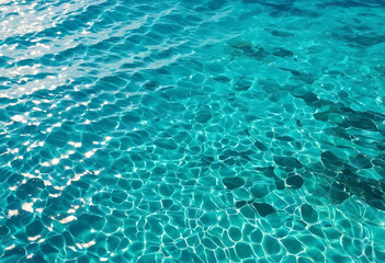 Beautiful turquoise blue ocean water surface with light reflections and highlights. Texture of...