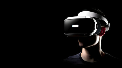 Man wearing virtual reality (VR) goggles. Black background. Copy space.