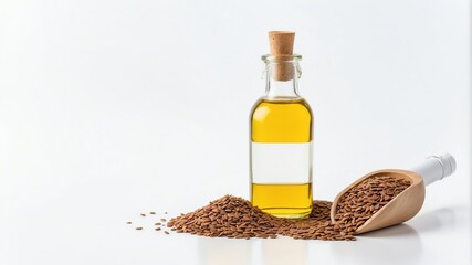 bottle of flaxseed oil on plain white background from Generative AI - obrazy, fototapety, plakaty
