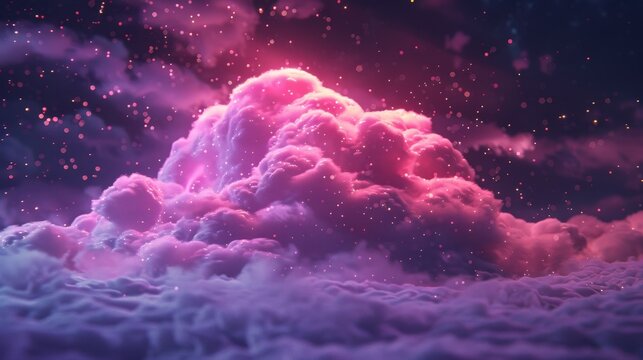 At night, dramatic lighting enhances the secure cloud fortress shielded by advanced cybersecurity for digital data protection