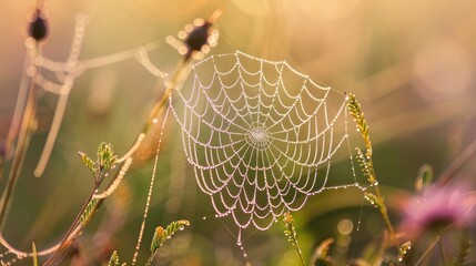 A close-up of a delicate spiderweb glistening with dewdrops in the early morning light, showcasing nature's intricate beauty.