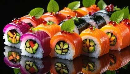 Variety of sushi rolls artistically plated with garnishes on a black background
