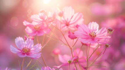 vibrant pink flowers bloom in sunlit garden soft light creates dreamy tranquil spring scene