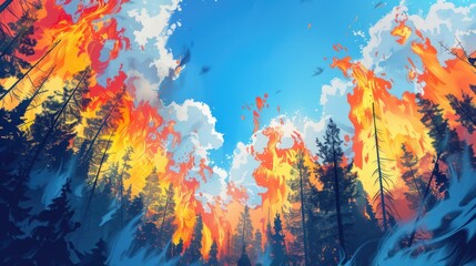 Forest fire, burning trees, forest destruction, silhouette, natural disaster. Nature protection concept.