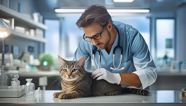 Veterinarian examining pet on table in veterinary clinic, Veterinary caring of a cute cat, 