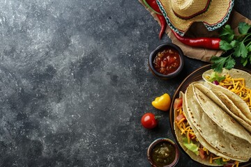 Mexican food is shown, including tacos and tortillas with an empty space for text on the right side. A sombrero sits next to some salsas in small bowls. In the top left corner there is a mexican hat. 