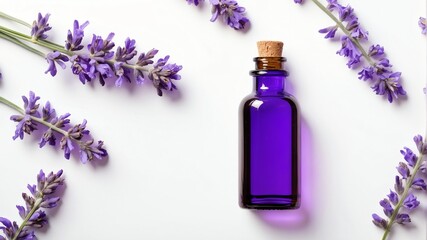 bottle of lavender oil on plain white background from Generative AI