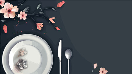 Simple table setting with flowers on dark background