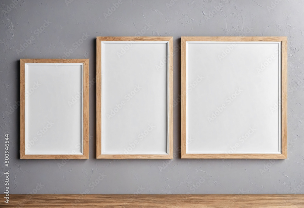 Fototapete close up of clean simple white blank frames with wooden frames of different sizes hanging up on a wa
