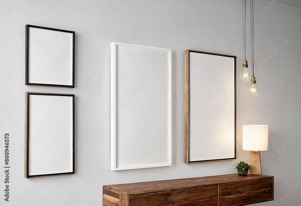 Fototapete close up of clean simple white blank frames with wooden frames of different sizes hanging up on a wa