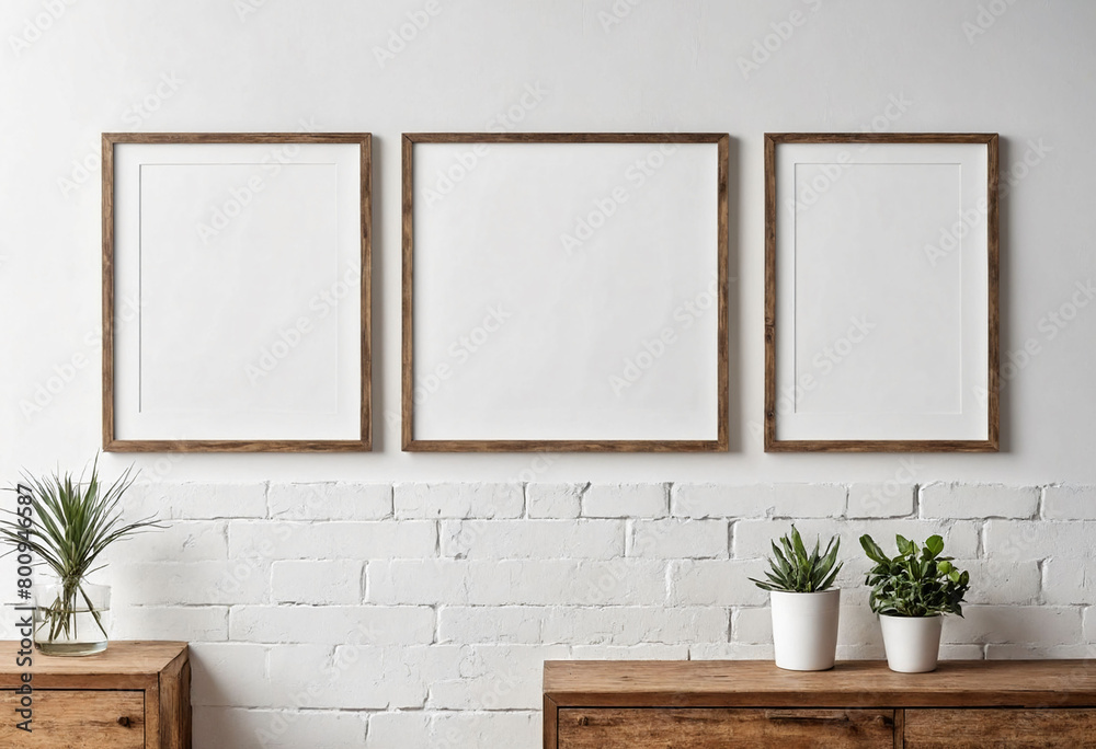 Fototapete close up of clean simple white blank frames with wooden frames of different sizes hanging up on a wa