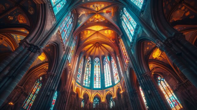 Majestic Gothic Cathedral Interior with Stained Glass