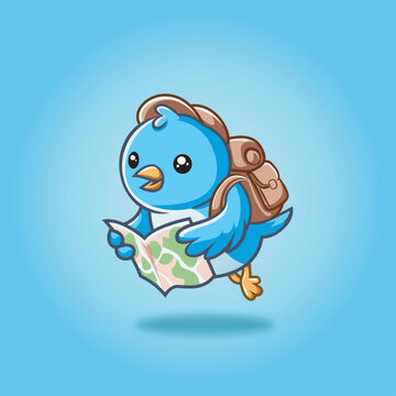 blue traveling bird, read map for the destination, cute and kind bird