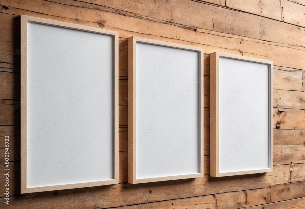 Poster Close up of clean simple white blank frames with wooden frames of different sizes hanging up on a wall, bright lighting industrial feel - Mockup